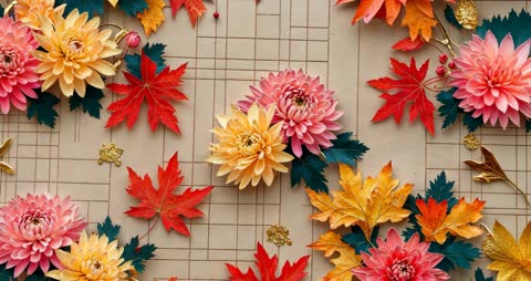 Camera Overview of Artistic Autumn Floral Display with Maple Leaves and Gold Accents