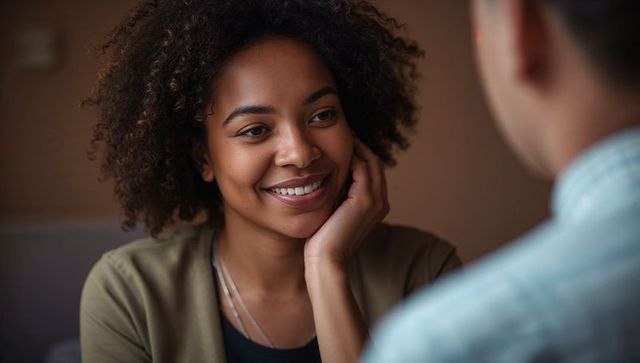 Intimate cafe moment smiling young woman leaning and listening with warm expression