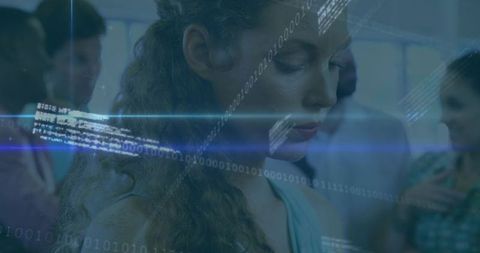 Woman Engaging with Holographic Display in Modern Office