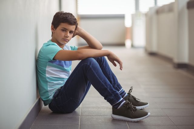 A young boy is sitting on the floor in a school corridor, looking sad and thoughtful. He is wearing casual clothes, including a striped t-shirt, jeans, and sneakers. This image can be used to depict themes of childhood emotions, school life, loneliness, and the challenges faced by students. It is suitable for educational materials, mental health awareness campaigns, and articles about children's well-being.