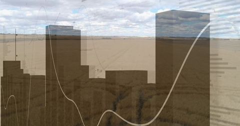 Agricultural data analytics overlay displaying rising trend line over harvested farmland