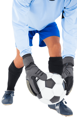 Transparent view goalkeeper holding soccer ball with gloves