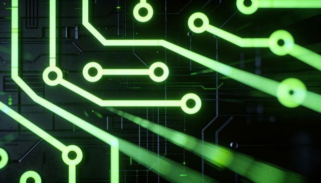 Neon Green Circuit Traces with Glowing Circular Pads and Diagonal Light Beams on Dark PCB