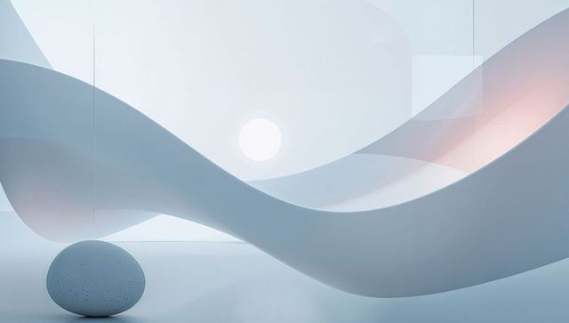 Minimalist curving ribbon sculpture embracing oval stone, soft horizon light, abstract