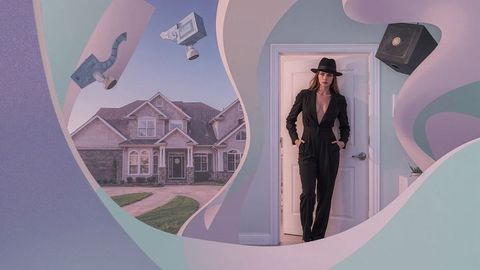 Confident woman sleuth in modern blend of futuristic elements