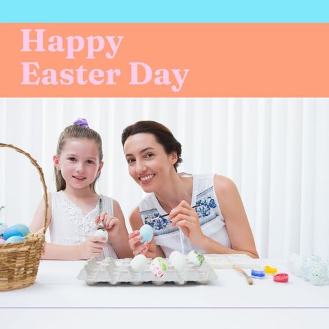 Mother and Daughter Celebrating Easter by Coloring Eggs