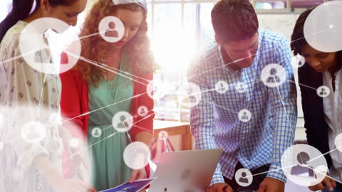 Team Collaborating on Project with Digital Connections Overlay