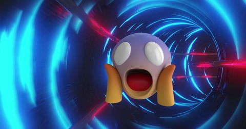 Surprised emoji in glowing futuristic digital tunnel