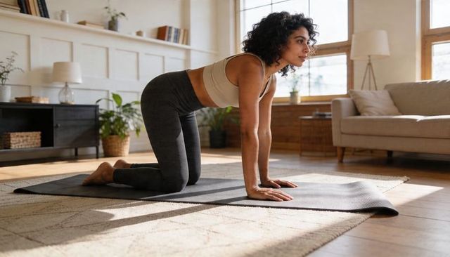 Woman stretching on yoga mat in sunlit living room for home fitness and wellness