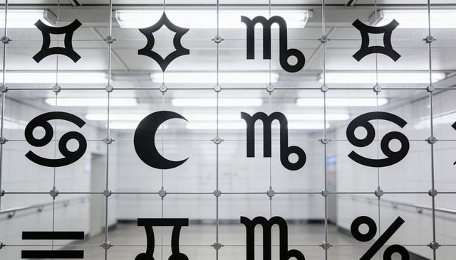 Modern subway glass partition featuring bold black zodiac, moon, glyphs and grid pattern
