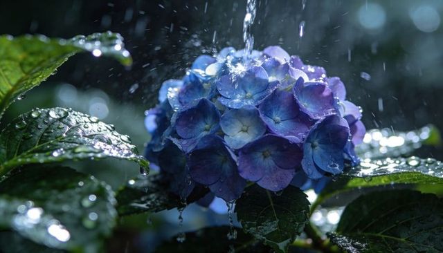 Blue hydrangea bloom taking splashing rain, shimmering dewdrops on glossy leaves