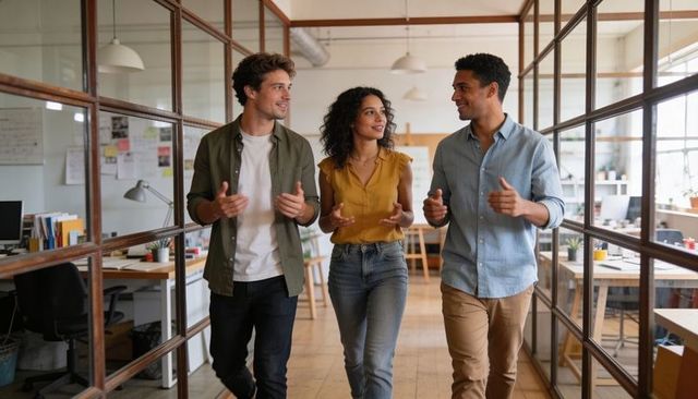 Coworkers walking and discussing in modern open-plan office, teamwork and collaboration