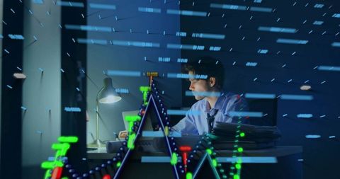 Late-night financial analyst working overtime with laptop and candlestick market charts