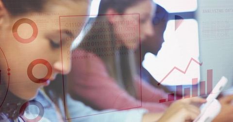 Teenage girl using tablet in classroom showing binary data and infographics