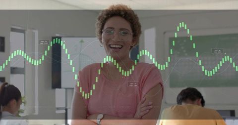 Smiling female instructor teaching data literacy with financial chart overlay in classroom
