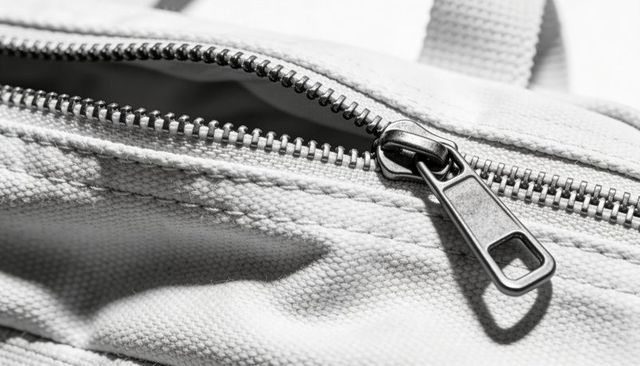 Closeup metal zipper pull on canvas bag showing teeth and stitching in black and white