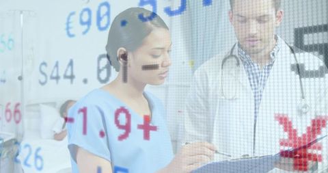 Health Professionals Reviewing Medical Records with Financial Overlay