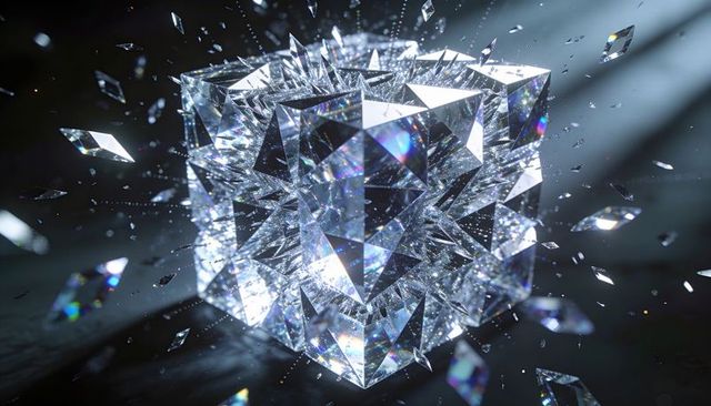 Shattering faceted crystal cube scattering prism shards and spectral light dispersion