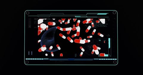 Digital Interface Analyzing Red and White Pills on Futuristic Screen