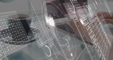 Futuristic Interface Overlay on Laptop Use with Data Analytics