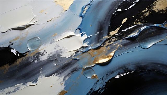 Flowing blue and gold abstract impasto painting with resin droplets and metallic leaf