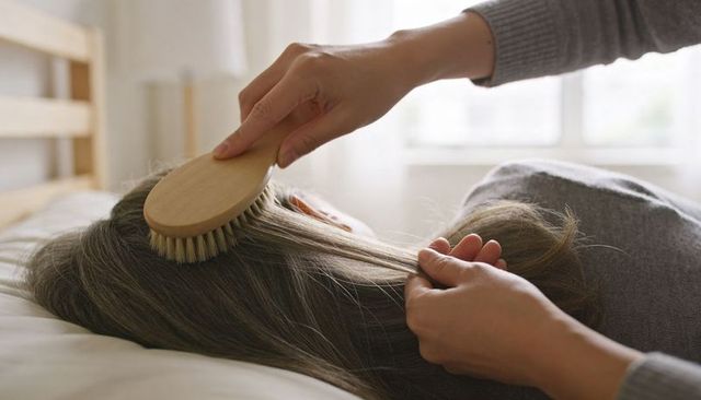 Gentle brushing of senior woman's long gray hair by caregiver with wooden brush in sunlit bedroom