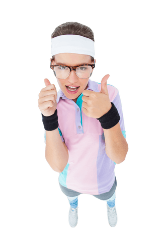 Transparent energetic hipster giving thumbs up with enthusiasm