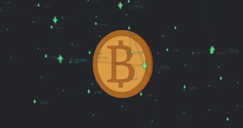 Bitcoin symbol against digital financial data matrix