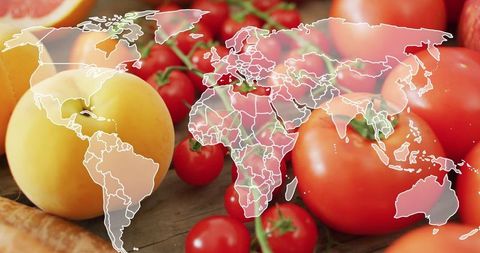 World Map Overlay on Fresh Fruits and Vegetables Celebrating Global Cuisine
