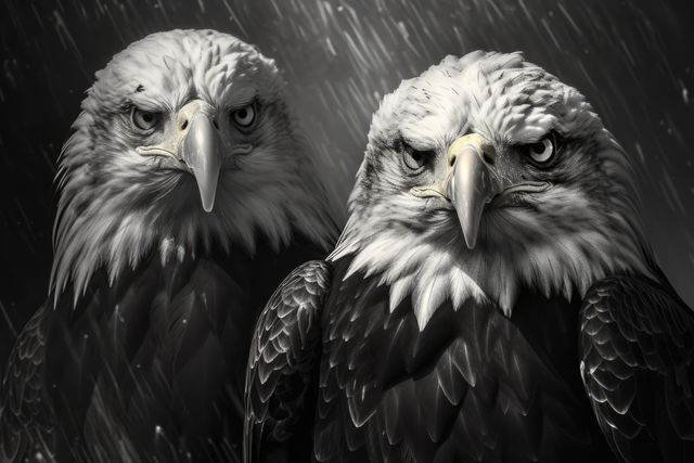 Two bald eagles are staring intensely amid rainy weather in this monochrome close-up. Their feathers are textured remarkably, and their facial expressions show intensity and determination. This powerful photography can be used in wildlife documentaries, conservation campaigns, or any content emphasizing strength and resilience.