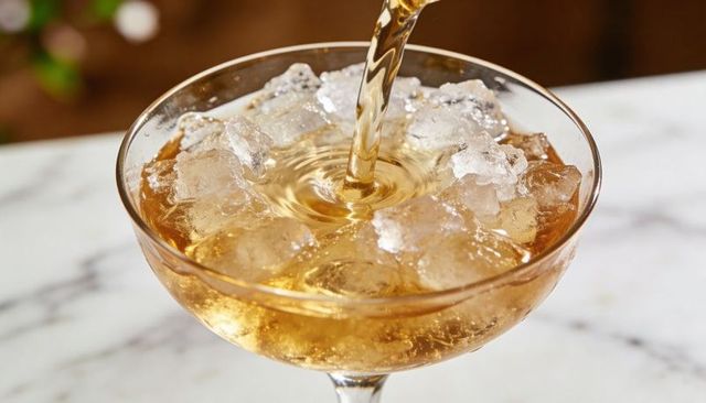 Pouring pale amber cocktail into coupe glass with crushed ice and golden glow