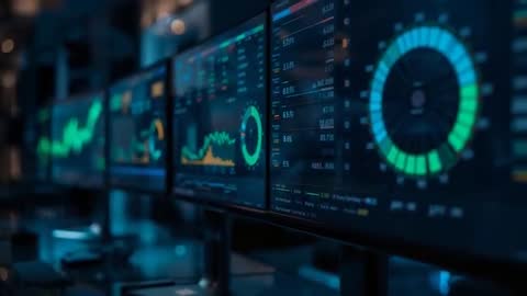 Dynamic Monitors Displaying Financial Analytics Dashboards