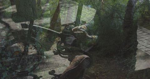 Wheelchair on Wooden Deck Beside Garden Pathway in Sunlit Serenity