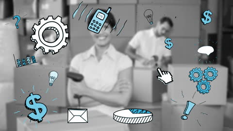 Warehouse Workers Overlaid with Animated Business Icons Concept