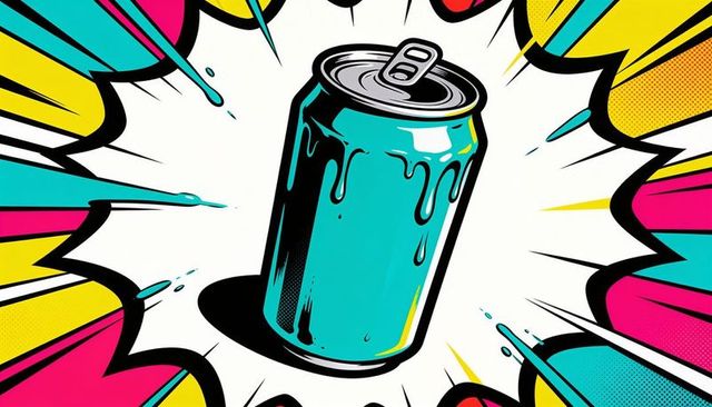 Glossy teal can popping from vibrant pop-art starburst with halftone dots