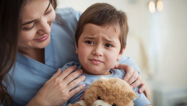 Mother comforting upset preschool boy holding teddy bear, tender caregiving reassurance