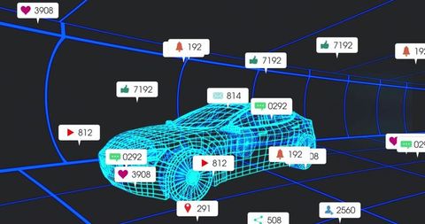 Futuristic wireframe sports car in digital network world