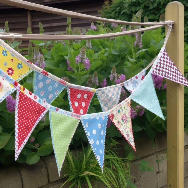 Colorful fabric flag bunting hanging outdoors with lush greenery and purple flowers in background. Perfect for illustrating garden parties, outdoor celebrations, festive decor, or summer events.