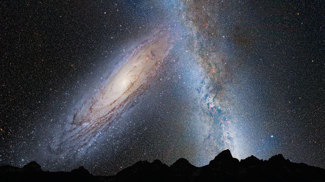 This illustration depicts the predicted future collision between the Milky Way and Andromeda galaxies. The image represents Earth's night sky as seen in 3.75 billion years, showing Andromeda filling the field of view and beginning to distort the Milky Way with its tidal pull. This visual is ideal for educational materials, space and astronomy blogs, presentations on galaxy formation and dynamics, and science fiction backgrounds.
