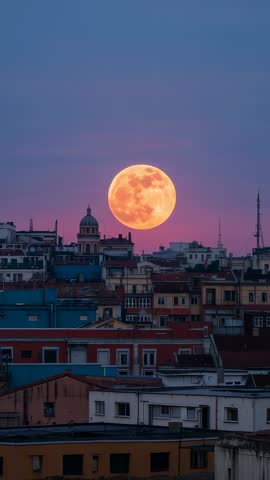 Full Moon Rising over City Rooftops at Twilight Vertical Time-Lapse Video
