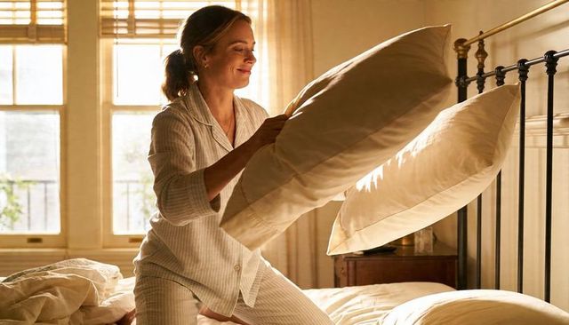 Kneeling woman fluffing pillows in sunlit bedroom morning routine in pajamas