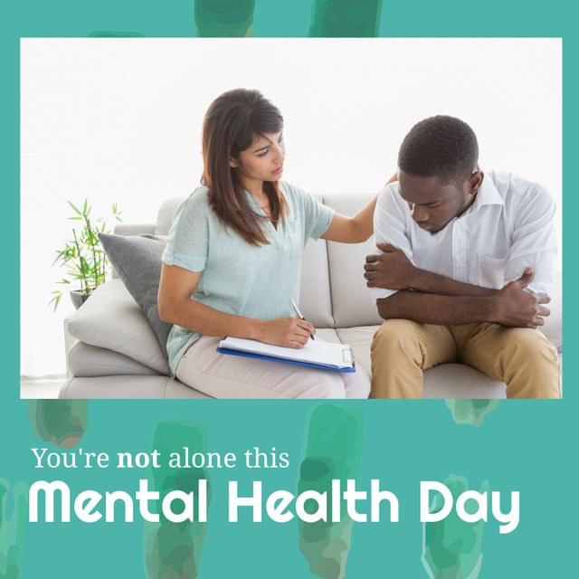 Image of mental health day and diverse female psychologist and male patient. Psychology, mind and mental health care concept digitally generated image.
