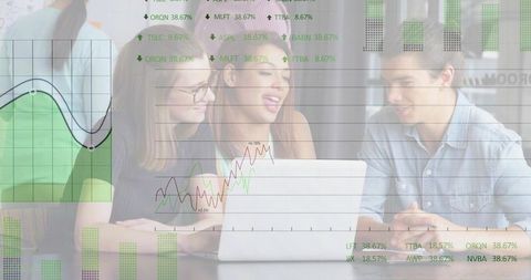 Young professionals collaborating over laptop with green analytics overlay and charts