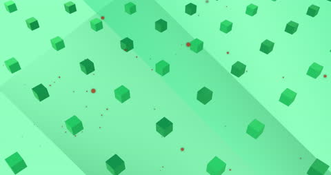 Futuristic 3D Rotating Green Cubes and Red Dots