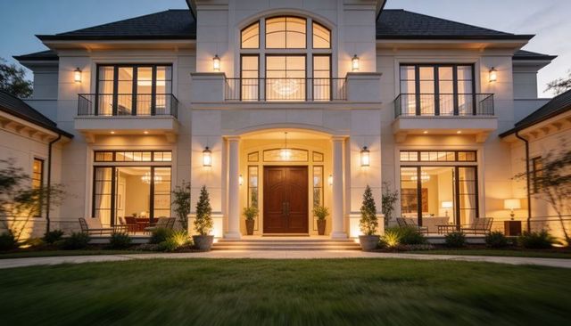 Dusk-lit luxury two-story home with grand double doors, symmetrical columns, lanterns