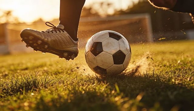 Golden hour soccer kick with cleats spraying turf and classic black white ball near goal