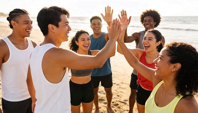 Team of friends exchanging high-fives on sunlit beach after group fitness workout