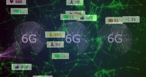 6G Global Network Visualization Pulsing Globes with Holographic UI Counters and Neon Mesh