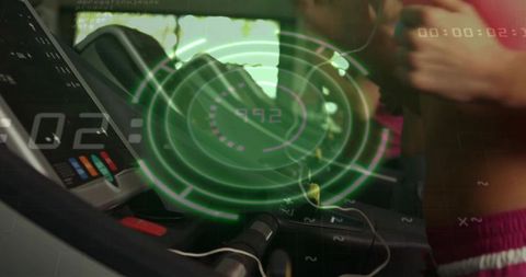 Treadmill console projecting futuristic green hud overlay during home cardio workout