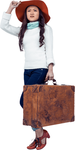 Stylish Asian Woman Carrying Vintage Luggage with Transparent Background